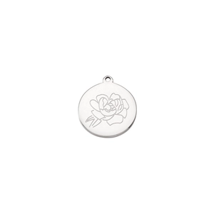 Polished silver stainless steel charm with detailed floral engraving and small top ring