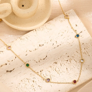Elegant gold titanium steel bracelet with multi-colored round zircon gemstones