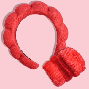 Absorbent red flannel headband and wristband set for face washing and skincare routines