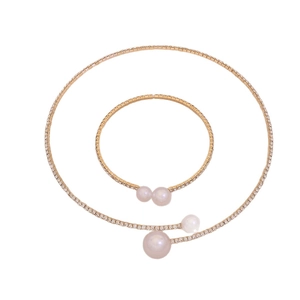 Minimalist rose gold necklace and bracelet set with small diamonds and faux pearls