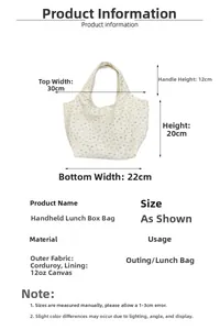 Tableau des tailles détaillé pour sac en velours côtelé avec dimensions et matières