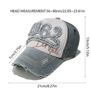 Detailed size guide for the 1962 vintage patchwork cotton baseball cap with measurements