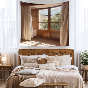 Detail of bohemian tapestry featuring realistic window landscape and forest mountain view
