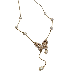 Gold plated freshwater pearl and zircon butterfly necklace in vintage French style