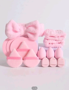 Pink flannel headband, wristbands, and makeup sponge set for beauty routines
