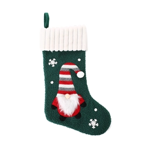 Gnome embroidered Christmas stocking in forest green plush and white ribbed knit cuff