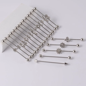 Surgical stainless steel industrial barbell earrings with floral patterns and crystal studs