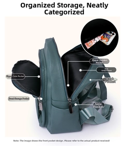 Detail showing multi-pocket storage layout of this dark green faux leather backpack