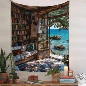 Detail view of Bohemian tapestry with sea library print hanging on a white wall