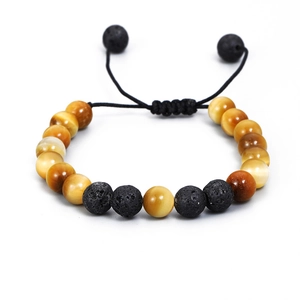 Beaded Bracelet Tiger Eye And Lava Rock Stone Handmade Woven Adjustable Cord Men Jewelry