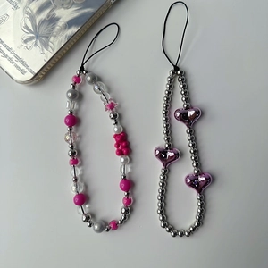 Pink bear and heart charm phone lanyards with silver metallic and pearlescent beads