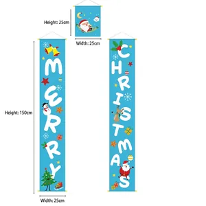 Blue Merry Christmas door banner set with Santa and snowman prints on 150x25cm hanging flags