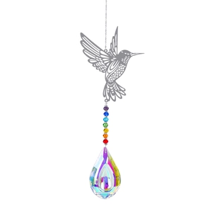 Detailed hummingbird metal pendant with colorful beads and rainbow crystal prism drop
