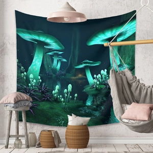 Detail of magical forest mushroom tapestry with glowing plants on a white textured wall