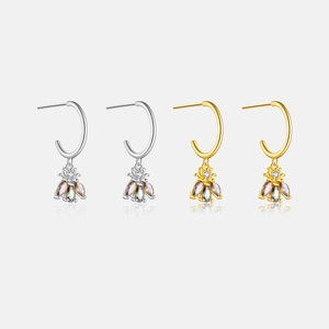 925 Sterling Silver Bee Hoop Earrings For Women Multi-color Rhinestone Insect Animal Pendant Light Luxury Fashion Jewelry