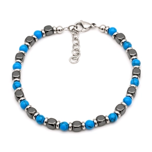 Men's beaded bracelet with blue turquoise stones and gray cubic hematite beads