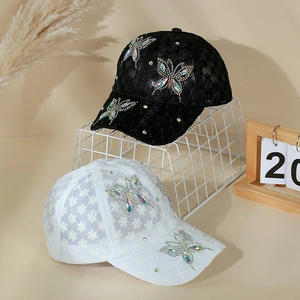 Breathable lace baseball cap with rhinestone butterfly in black and white styles