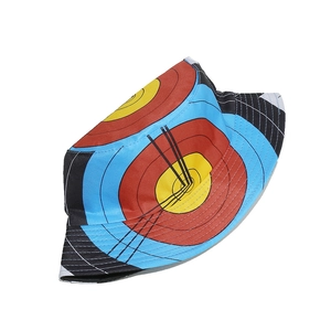 Unisex bucket hat with archery target bullseye pattern in red blue and yellow colors