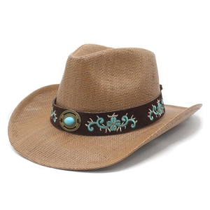 Classic straw western cowboy hat in brown with turquoise stone and vintage embroidery