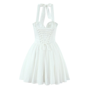 Eleganzes weißes Neckholder-Netzkleid mit gekreuzten Rückenträgern und Korsett-Oberteil