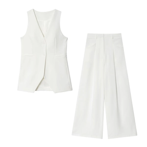 Ensemble chic pour femme avec gilet sans manches blanc et pantalon ample plissé d'été