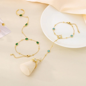 Bohemian gold stainless steel hand chain ring set with green gemstone and star charms
