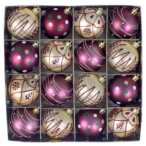 Détail de 16 boules de Noël bordeaux et dorées avec motifs pailletés en boîte