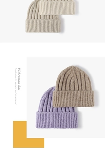Detailed knit texture of four beanies in cream, oatmeal, lilac, and light brown colors