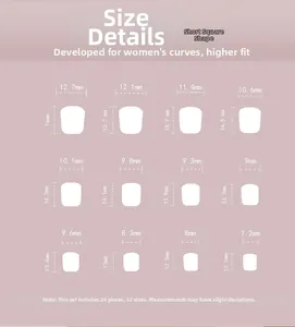 Size chart for short square press on nails showing dimensions of 24 pieces in 12 sizes