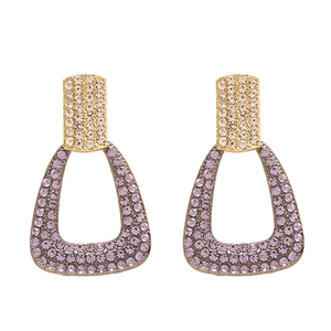 Vintage geometric triangle earrings with gold plating and bicolor rhinestone embellishments