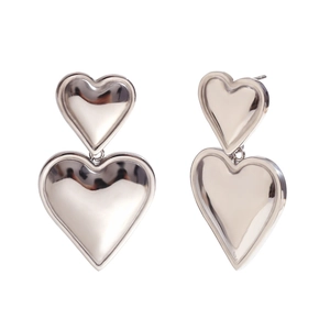 Double layered heart drop earrings in silver stainless steel finish for women