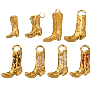 Set of 8 gold cowboy boot charms with colorful enamel details for DIY jewelry making