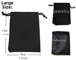 Detailed view of large black velvet drawstring jewelry pouch with 12x9cm dimensions