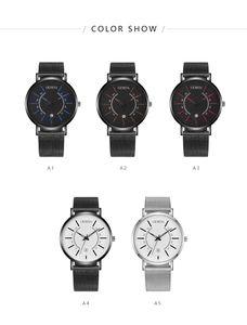 Detailed catalog view of Geneva quartz watches with mesh straps and diverse color markers