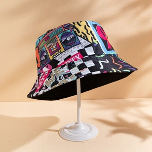 Retro 80s 90s cassette print bucket hat with graffiti and animal patterns on canvas