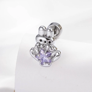 Cute silver rabbit stud earring holding a purple star zircon for daily ear piercing