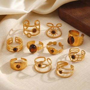 Vintage Tiger Eye Stone Rings 18K Gold Plated Stainless Steel Adjustable Bohemian Sun Star Jewelry For Women