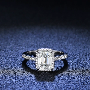 925 Sterling Silver Moissanite Ring For Women Emerald Cut Inlaid Rhinestone Geometric Ring Wedding Proposal Jewelry