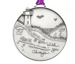 Zinc alloy lighthouse pendant with purple ribbon and 'I am with you Always' engraving