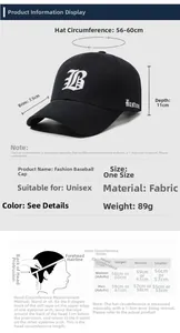 Size chart showing baseball cap dimensions, head circumference guide and hat specifications