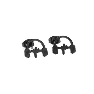Matte black stainless steel stud earrings featuring headphone and heartbeat pulse design