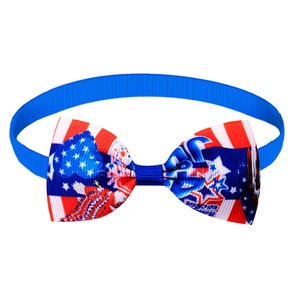 Detail of USA flag pet bowtie with red white blue stars and stripes on elastic band
