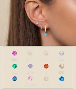 Detail view of gold earring set with blue birthstones and a 12-month birthstone chart