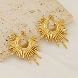Retro golden titanium steel sunburst earrings with radiant ray design for women
