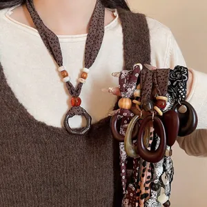 Bohemian Fabric Print Necklace For Women Long Wood Bead Acrylic Heart Pendant Ethnic Retro Style Sweater Chain