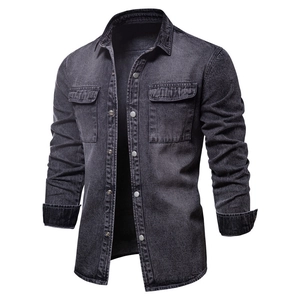 Veste en jean gris foncé pour homme avec double poche poitrine et boutons en métal