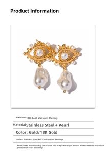 Detail of 18K gold plated stainless steel evil eye earrings with pearl accents