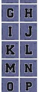 Size chart showing height and width of chenille letter patches G to P in inches and cm