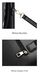 Close-up of golden metal hooks and hardware zippers on black pebble-textured bag
