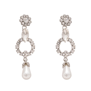Elegant silver flower drop earrings with sparkling rhinestones and teardrop pearls